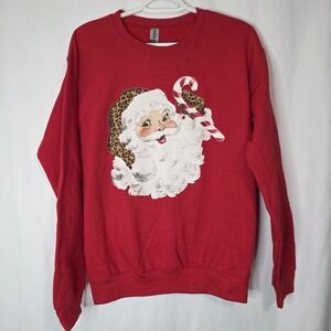 Vintage Style Leopard Santa Sweatshirt Red Christmas Crewneck Holiday S